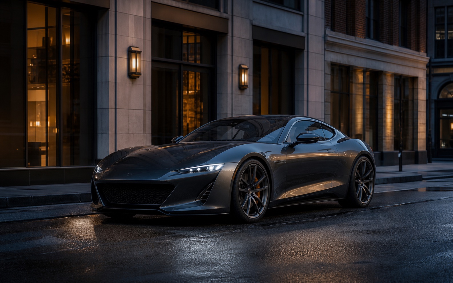 Premium car photographed on a quiet city street at dusk