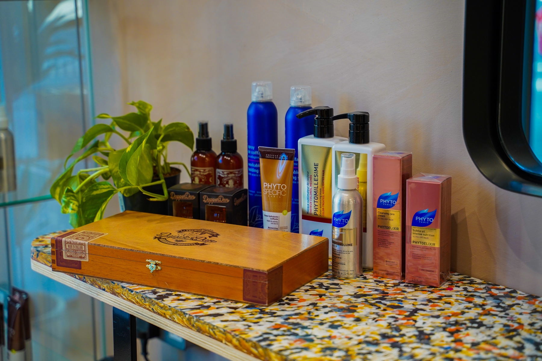 Hair and grooming products arranged inside the salon